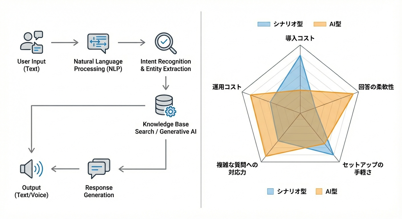 「チャットボットの仕組み」と「種類」