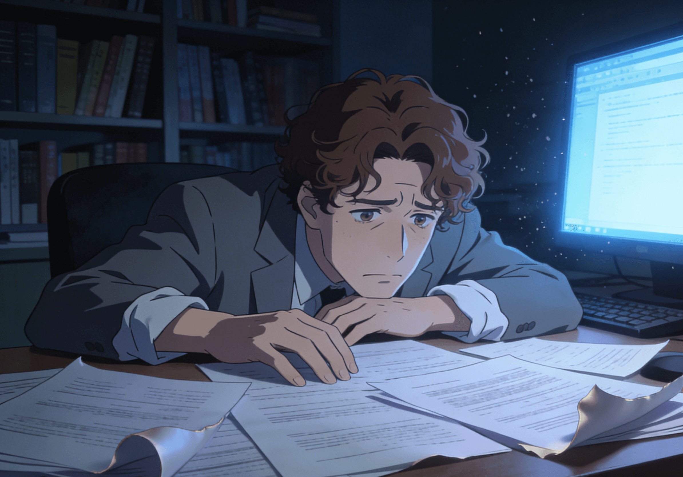 深夜のオフィスで複数の資料を広げながら困惑するコンサルタントの様子