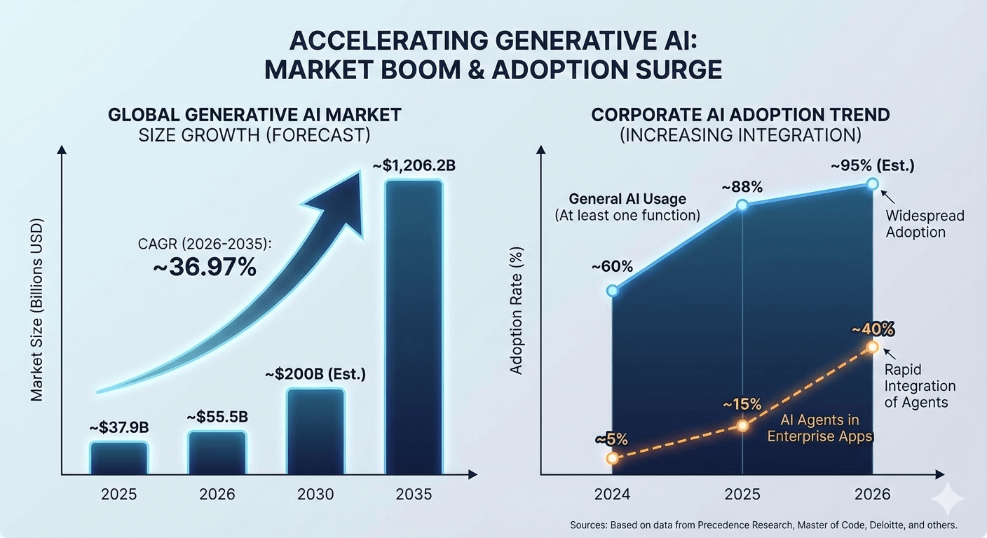 生成AI市場の成長グラフと導入企業の増加トレンド