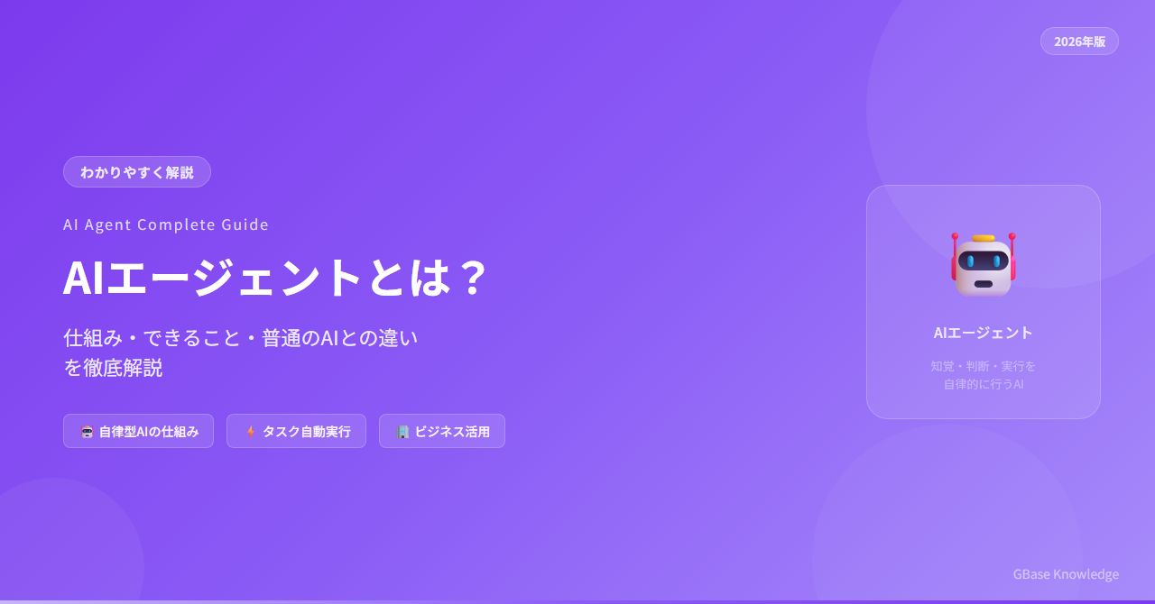 AIエージェントとは？仕組み・できること・普通のAIとの違いをわかりやすく解説【2026年版】｜GBase Knowledge